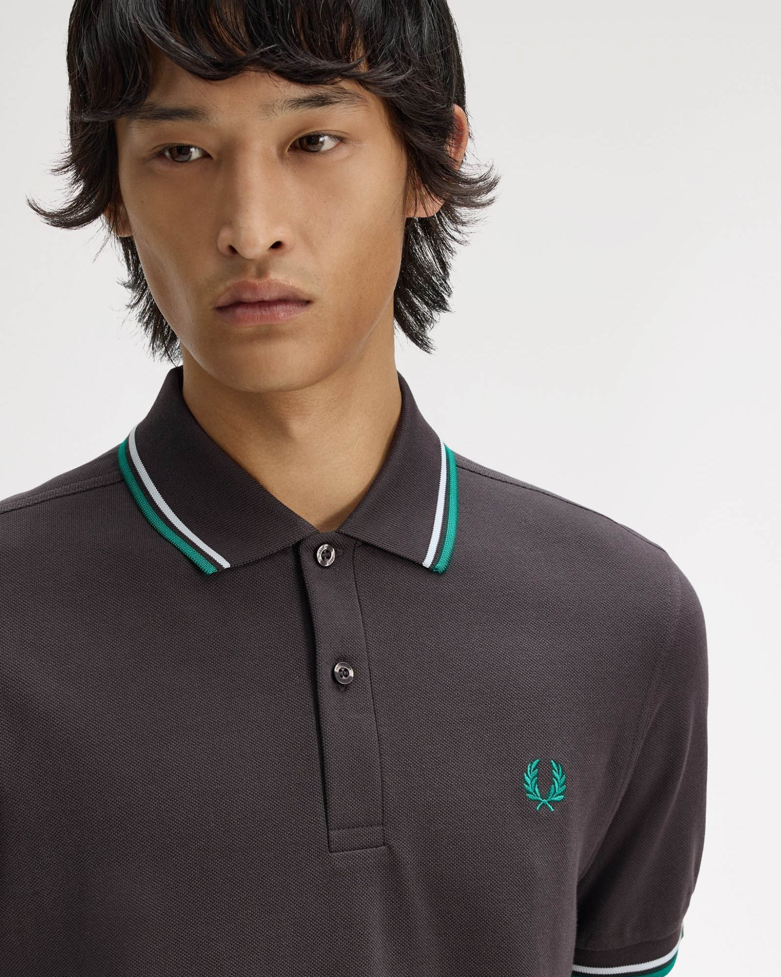 Fred Perry Mens Twin Tipped Signature Polo Shirt - Anchor Grey/Light Ice/Sport Green 85B | CHO | Designer Mens Short Sleeve Polo Shirts
