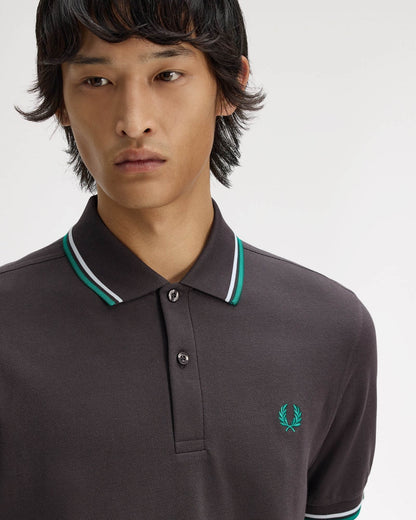 Fred Perry Mens Twin Tipped Signature Polo Shirt - Anchor Grey/Light Ice/Sport Green 85B | CHO | Designer Mens Short Sleeve Polo Shirts