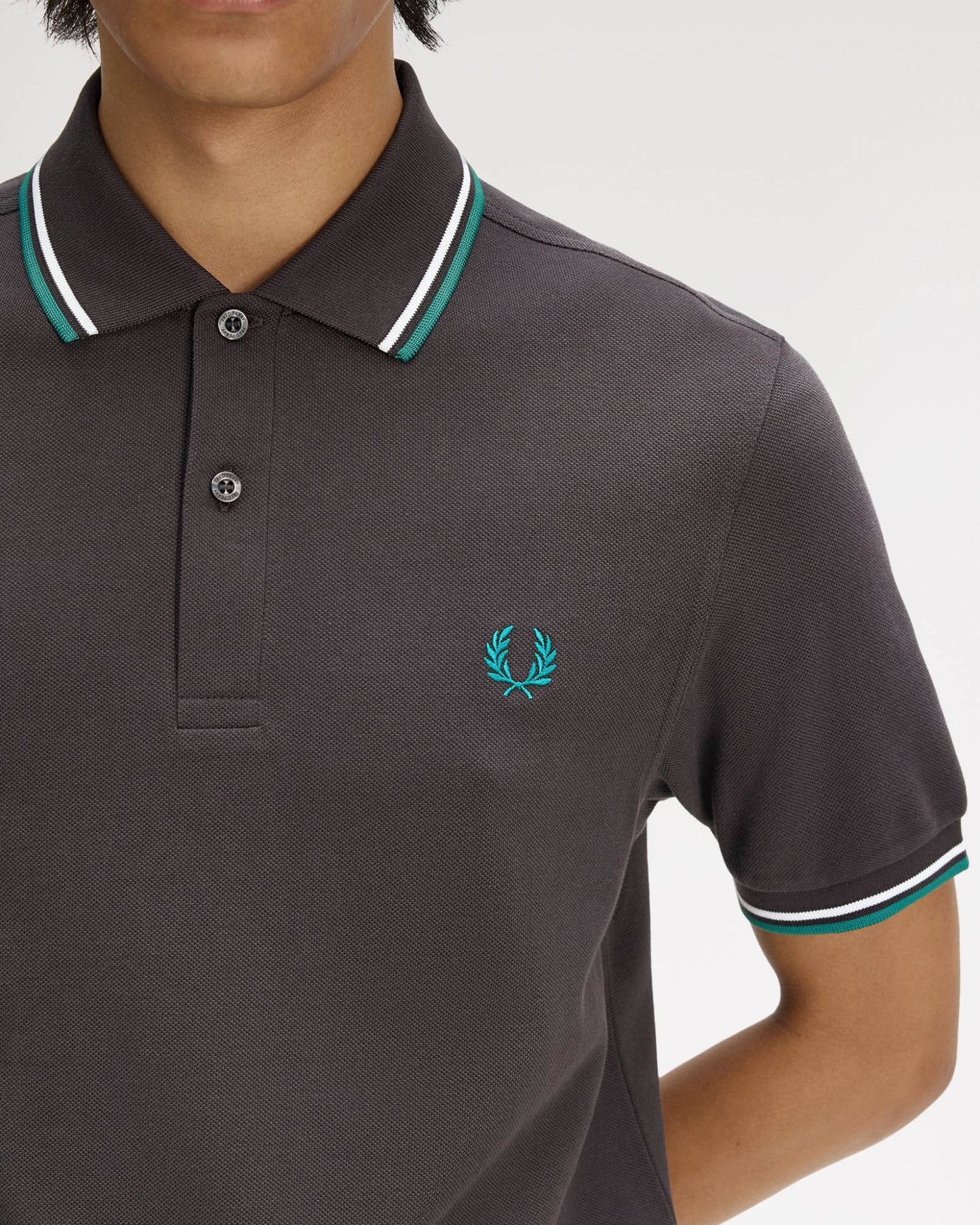 Fred Perry Mens Twin Tipped Signature Polo Shirt - Anchor Grey/Light Ice/Sport Green 85B | CHO | Designer Mens Short Sleeve Polo Shirts