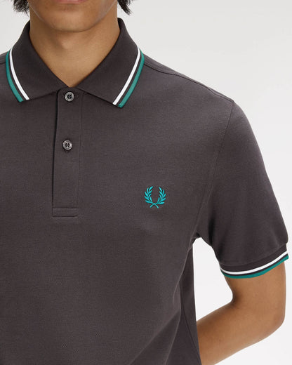 Fred Perry Mens Twin Tipped Signature Polo Shirt - Anchor Grey/Light Ice/Sport Green 85B | CHO | Designer Mens Short Sleeve Polo Shirts