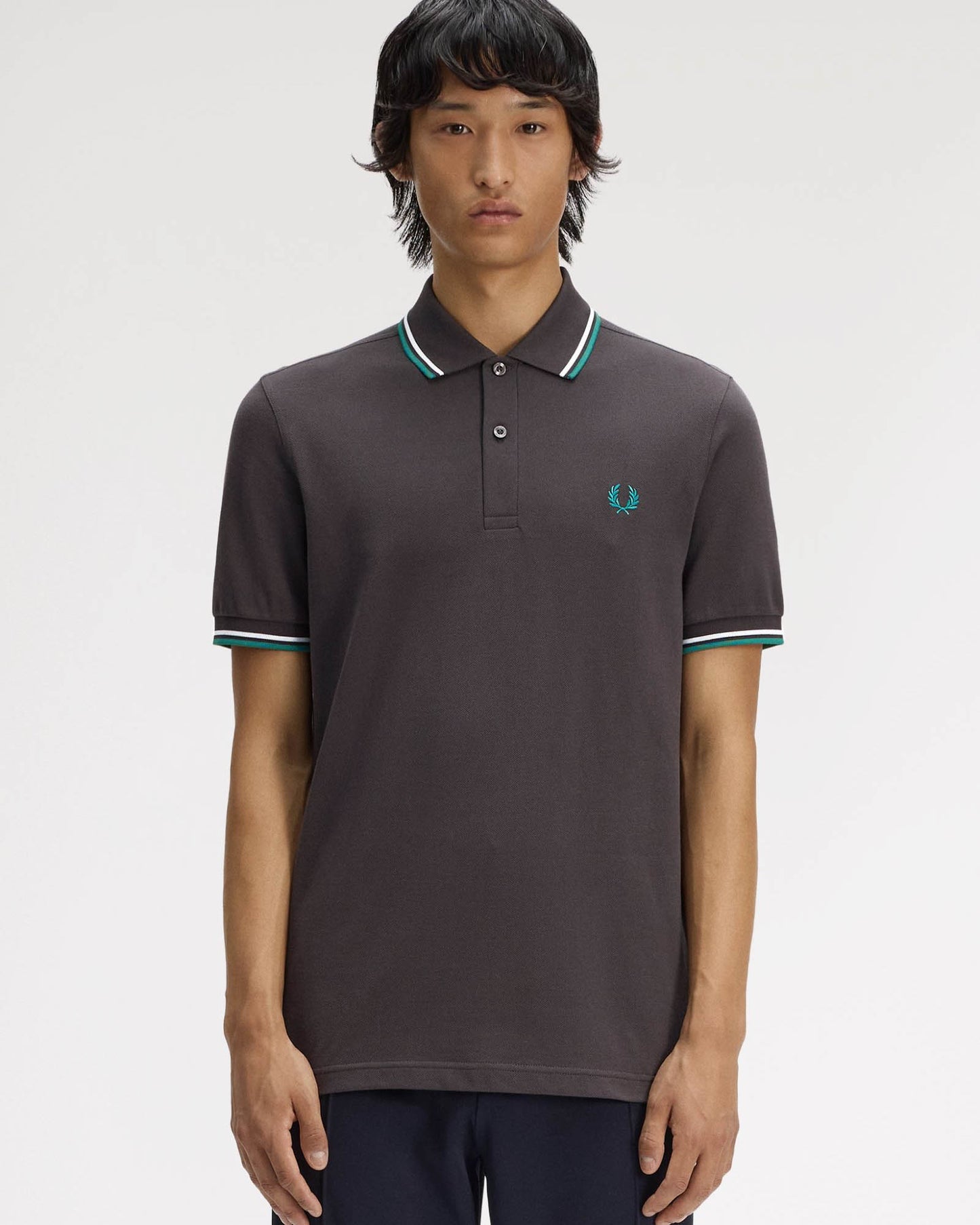 Fred Perry Mens Twin Tipped Signature Polo Shirt - Anchor Grey/Light Ice/Sport Green 85B | CHO | Designer Mens Short Sleeve Polo Shirts