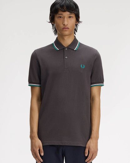 Fred Perry Mens Twin Tipped Signature Polo Shirt - Anchor Grey/Light Ice/Sport Green 85B | CHO | Designer Mens Short Sleeve Polo Shirts