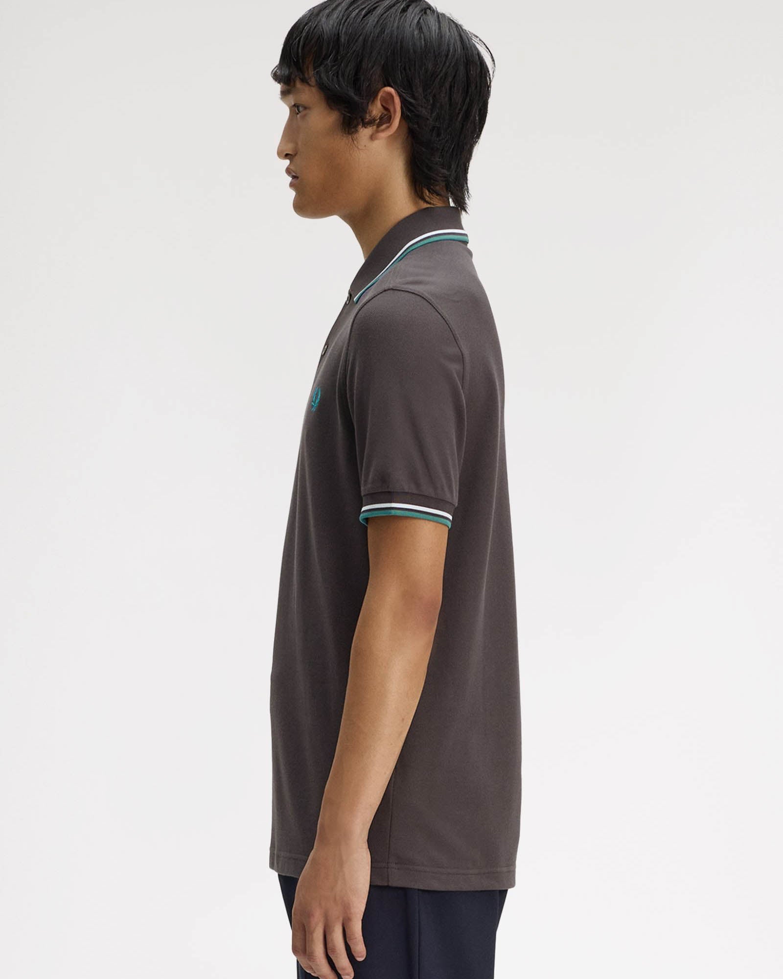 Fred Perry Mens Twin Tipped Signature Polo Shirt - Anchor Grey/Light Ice/Sport Green 85B | CHO | Designer Mens Short Sleeve Polo Shirts
