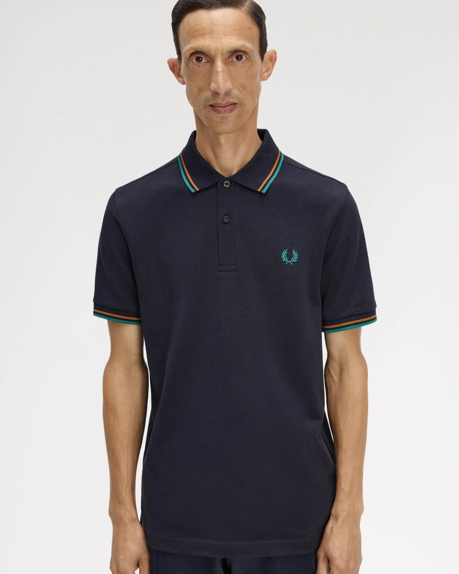 Fred Perry Mens Twin Tipped Signature Polo Shirt - Navy/Dark Caramel/Sport Green 86B | CHO | Designer Mens Short Sleeve Polo Shirts