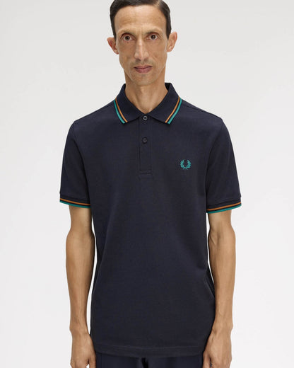 Fred Perry Mens Twin Tipped Signature Polo Shirt - Navy/Dark Caramel/Sport Green 86B | CHO | Designer Mens Short Sleeve Polo Shirts