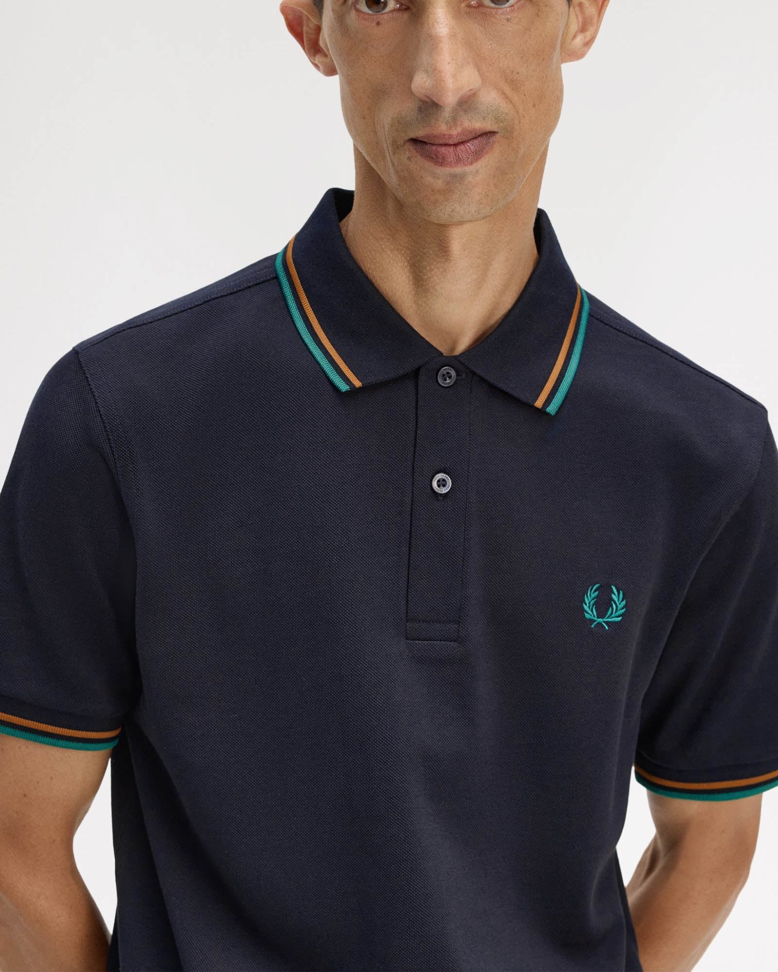 Fred Perry Mens Twin Tipped Signature Polo Shirt - Navy/Dark Caramel/Sport Green 86B | CHO | Designer Mens Short Sleeve Polo Shirts