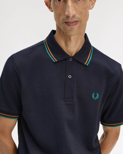 Fred Perry Mens Twin Tipped Signature Polo Shirt - Navy/Dark Caramel/Sport Green 86B | CHO | Designer Mens Short Sleeve Polo Shirts