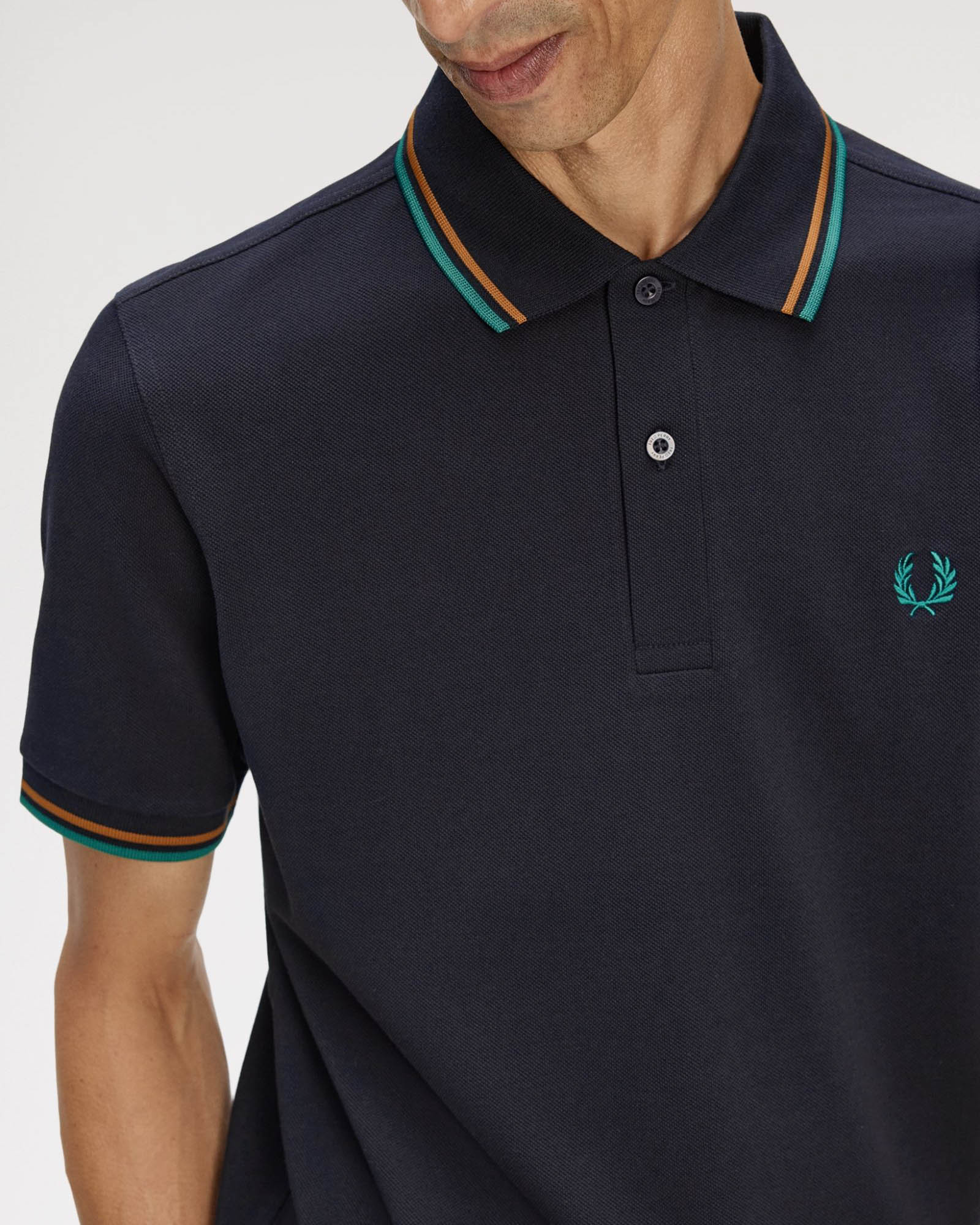 Fred Perry Mens Twin Tipped Signature Polo Shirt - Navy/Dark Caramel/Sport Green 86B | CHO | Designer Mens Short Sleeve Polo Shirts