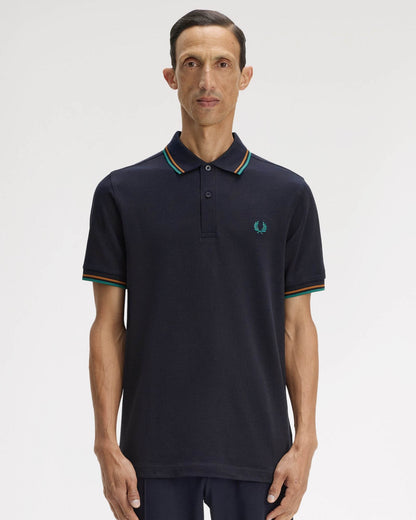 Fred Perry Mens Twin Tipped Signature Polo Shirt - Navy/Dark Caramel/Sport Green 86B | CHO | Designer Mens Short Sleeve Polo Shirts