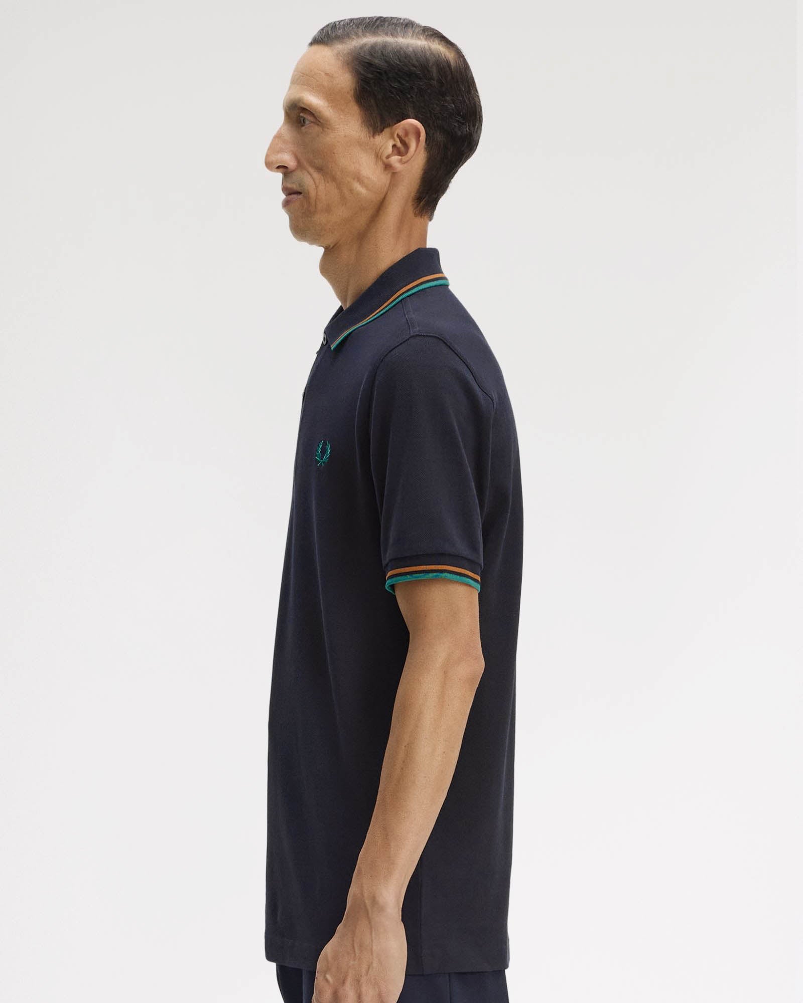 Fred Perry Mens Twin Tipped Signature Polo Shirt - Navy/Dark Caramel/Sport Green 86B | CHO | Designer Mens Short Sleeve Polo Shirts