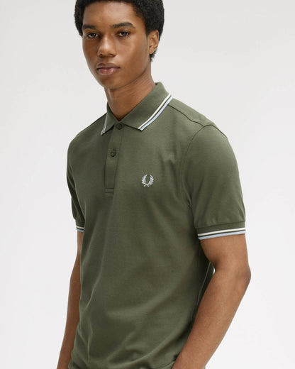 Fred Perry Mens Twin Tipped Signature Polo Shirt - Laurel Wreath Green/Ecru/Dusky Blue 87B | CHO | Designer Mens Short Sleeve Polo Shirts