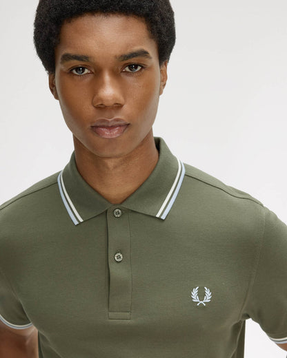 Fred Perry Mens Twin Tipped Signature Polo Shirt - Laurel Wreath Green/Ecru/Dusky Blue 87B | CHO | Designer Mens Short Sleeve Polo Shirts