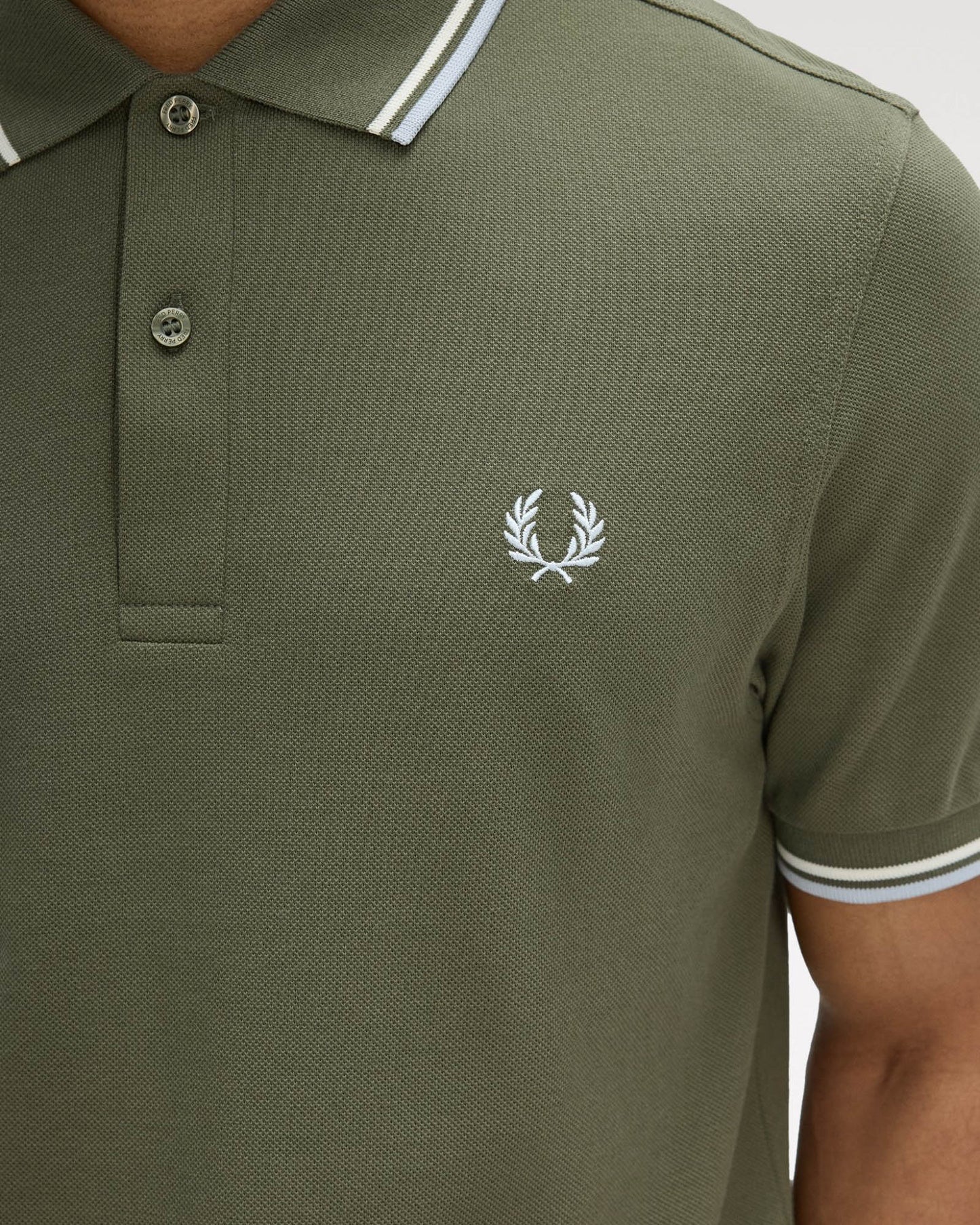 Fred Perry Mens Twin Tipped Signature Polo Shirt - Laurel Wreath Green/Ecru/Dusky Blue 87B | CHO | Designer Mens Short Sleeve Polo Shirts