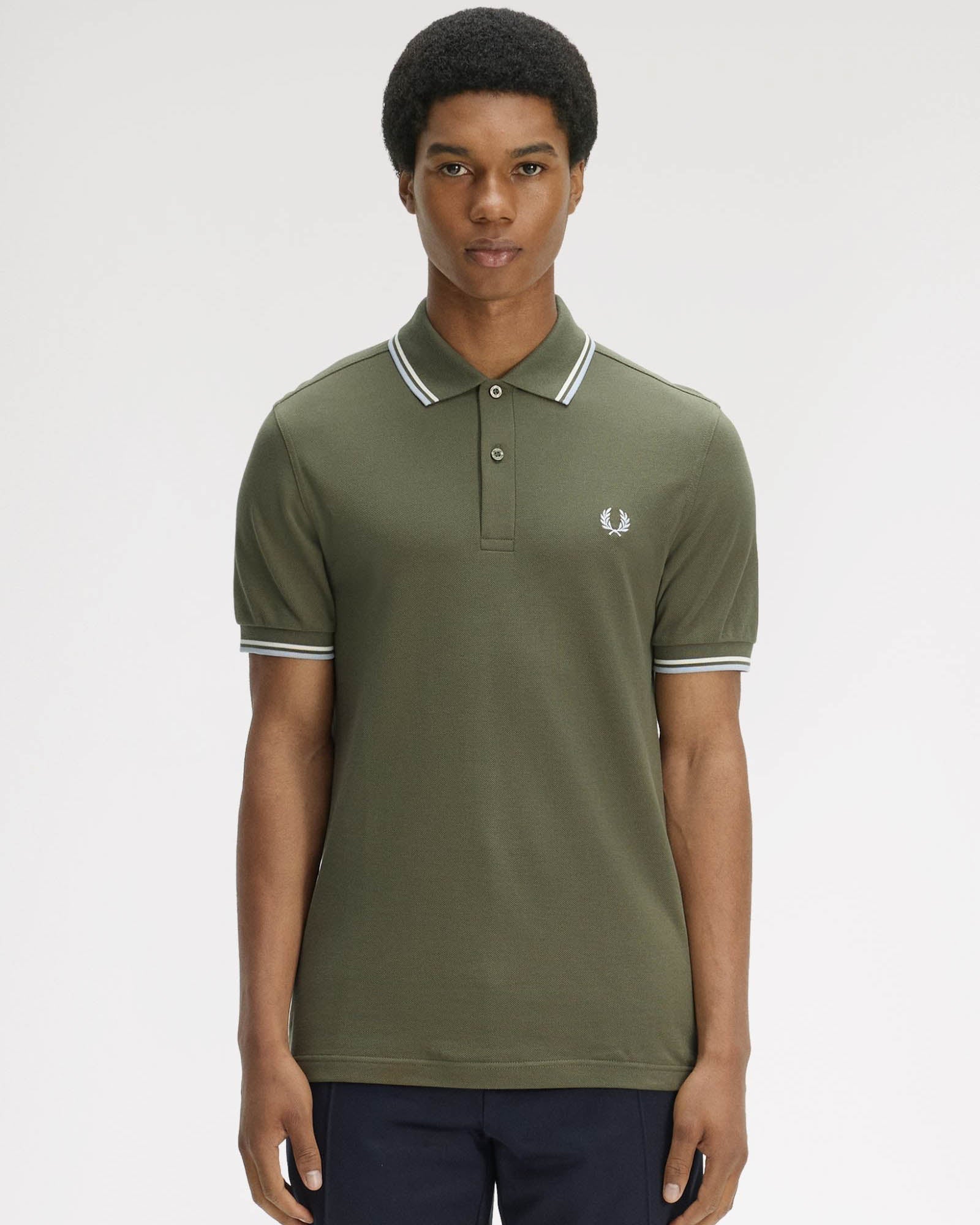 Fred Perry Mens Twin Tipped Signature Polo Shirt - Laurel Wreath Green/Ecru/Dusky Blue 87B | CHO | Designer Mens Short Sleeve Polo Shirts