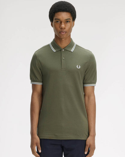 Fred Perry Mens Twin Tipped Signature Polo Shirt - Laurel Wreath Green/Ecru/Dusky Blue 87B | CHO | Designer Mens Short Sleeve Polo Shirts