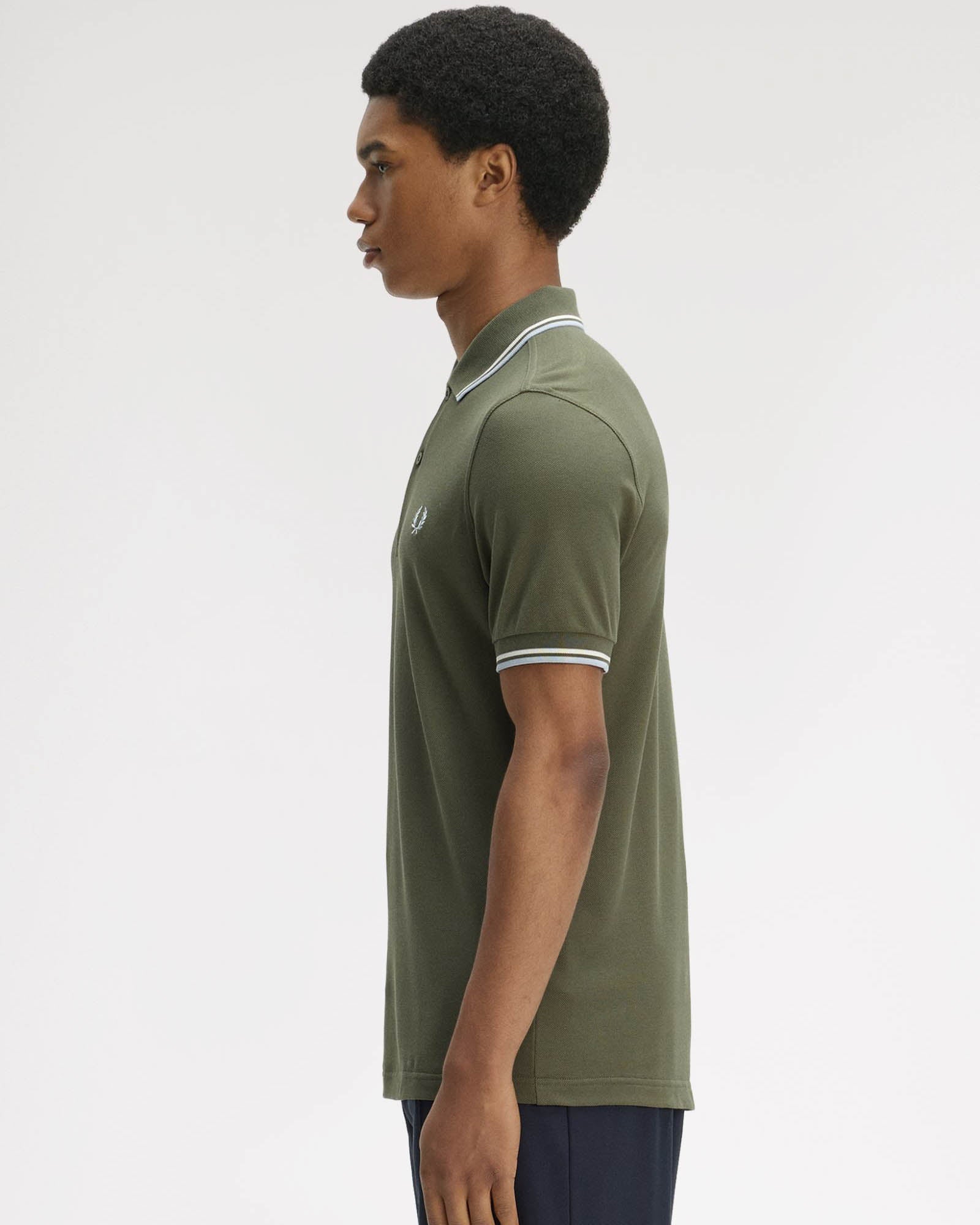Fred Perry Mens Twin Tipped Signature Polo Shirt - Laurel Wreath Green/Ecru/Dusky Blue 87B | CHO | Designer Mens Short Sleeve Polo Shirts