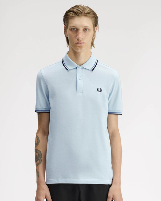 Fred Perry Mens Twin Tipped Signature Polo Shirt - Light Ice/Ace Blue/Navy 96A