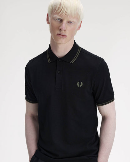 Fred Perry Mens Twin Tipped Signature Polo Shirt - Black/Field Green T44 | CHO | Designer Mens Short Sleeve Polo Shirts