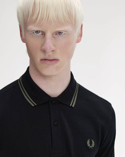 Fred Perry Mens Twin Tipped Signature Polo Shirt - Black/Field Green T44 | CHO | Designer Mens Short Sleeve Polo Shirts