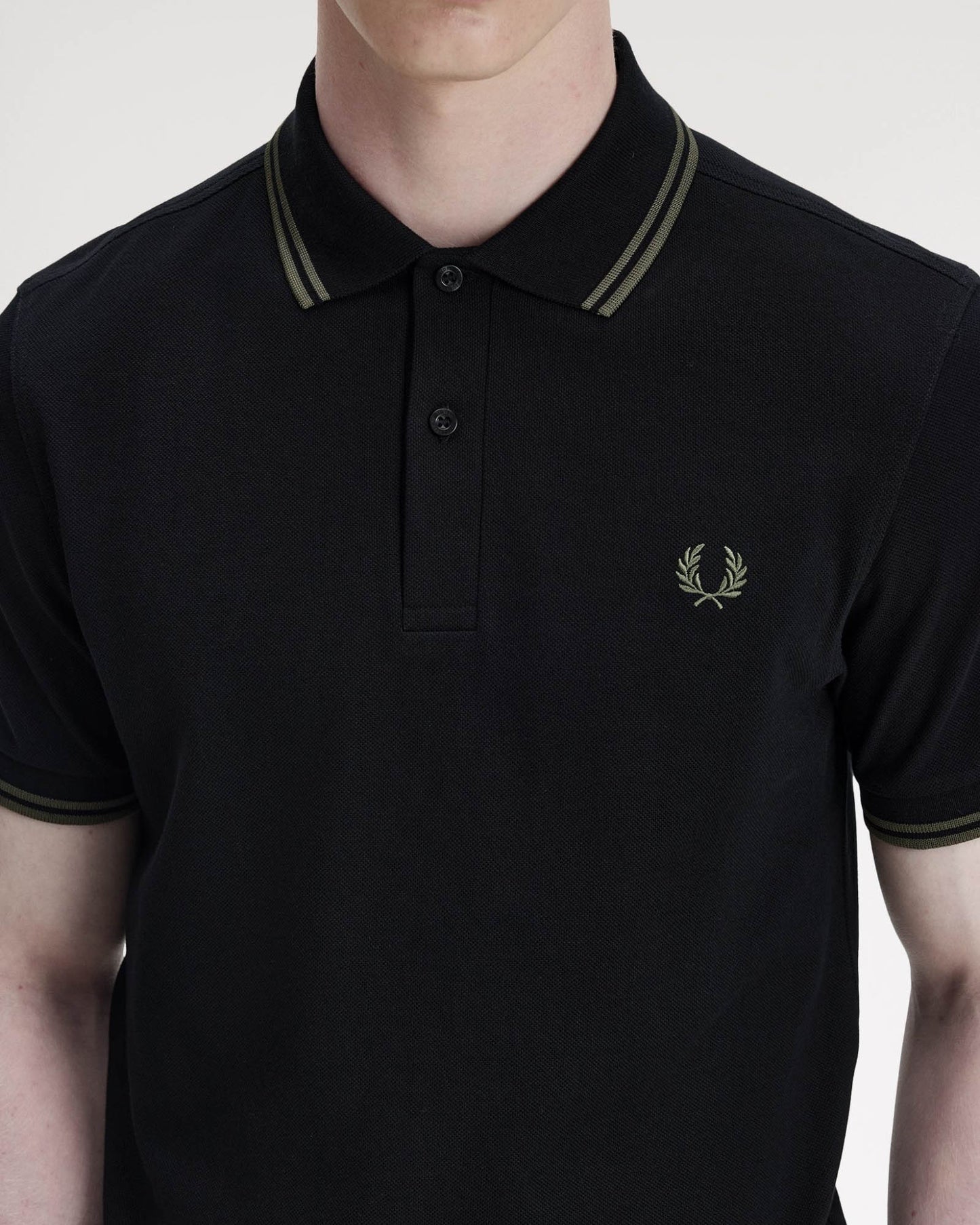 Fred Perry Mens Twin Tipped Signature Polo Shirt - Black/Field Green T44 | CHO | Designer Mens Short Sleeve Polo Shirts