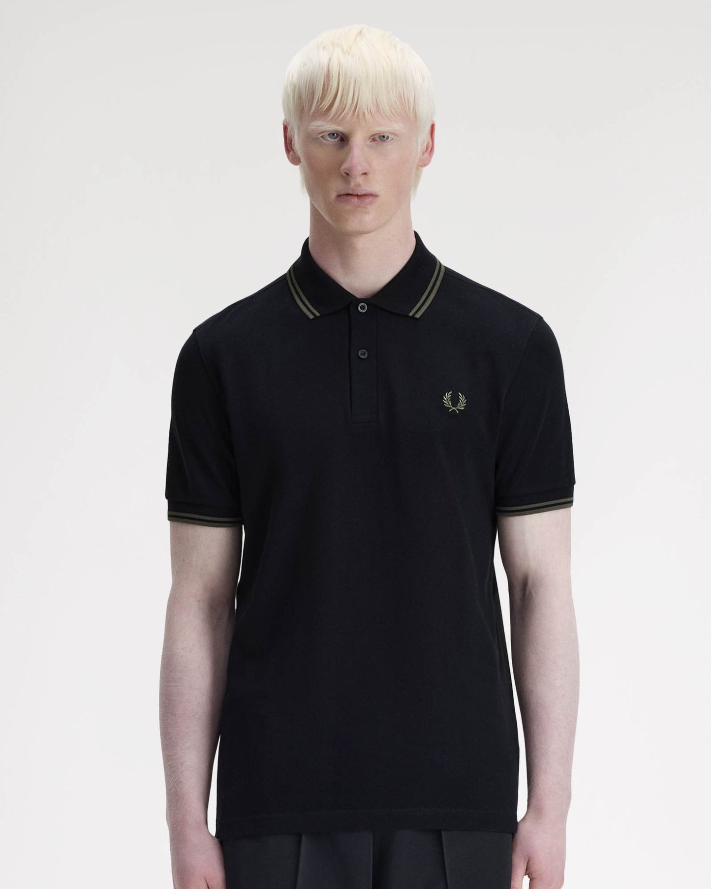 Fred Perry Mens Twin Tipped Signature Polo Shirt - Black/Field Green T44 | CHO | Designer Mens Short Sleeve Polo Shirts