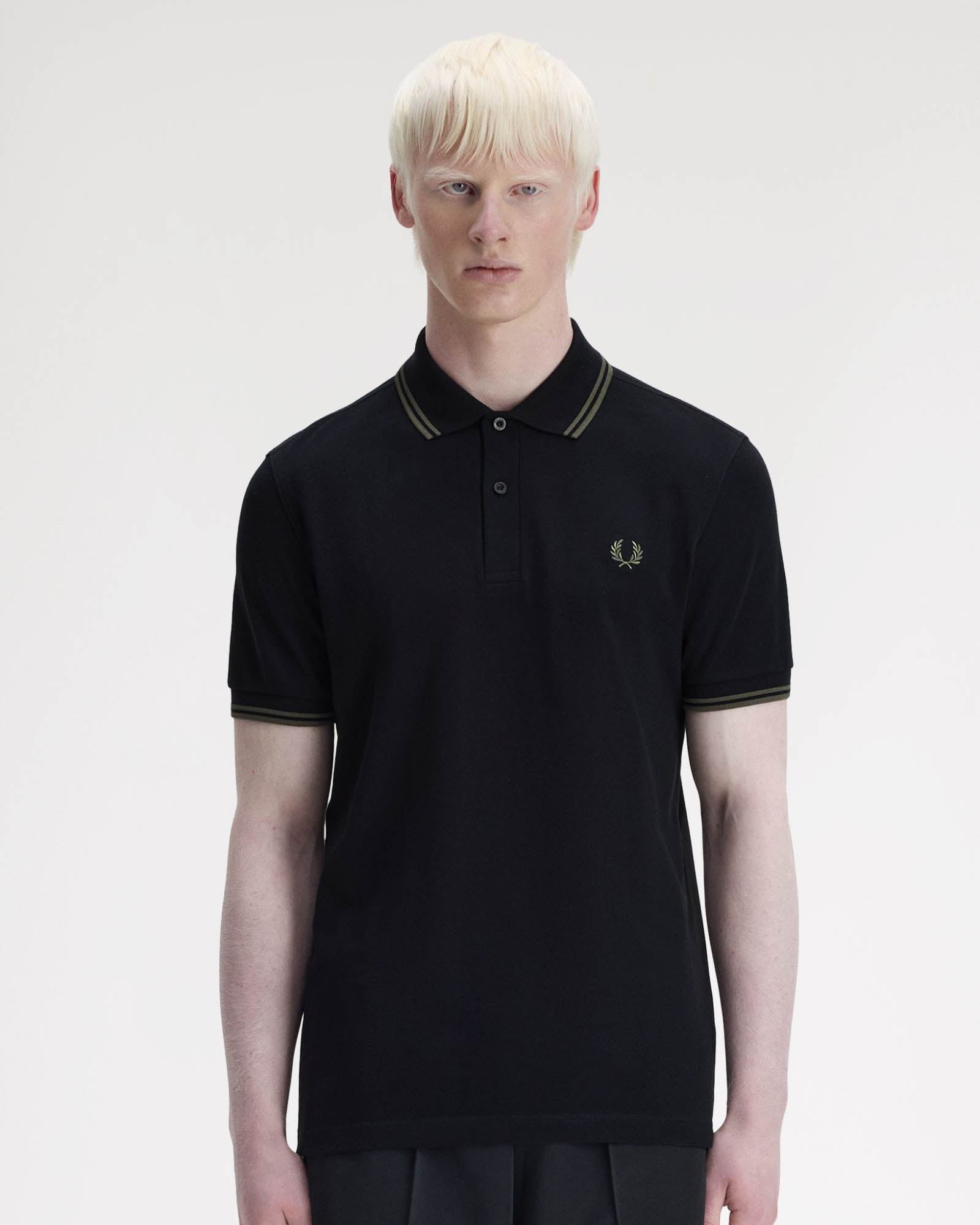Fred Perry Mens Twin Tipped Signature Polo Shirt - Black/Field Green T44 | CHO | Designer Mens Short Sleeve Polo Shirts