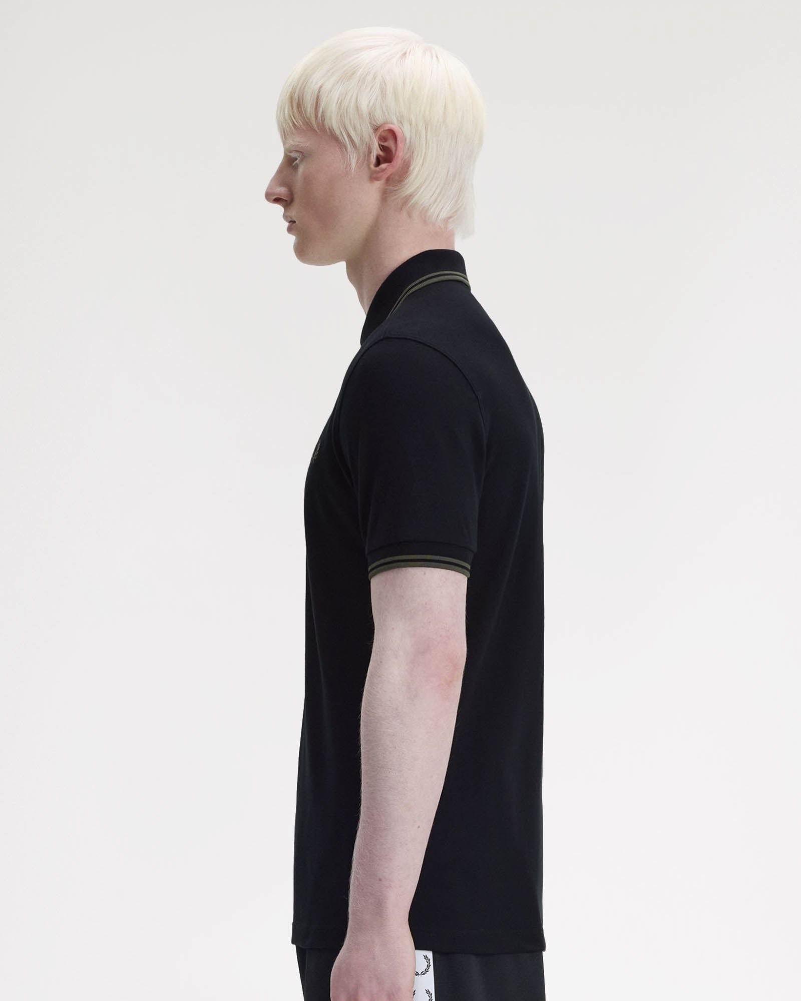 Fred Perry Mens Twin Tipped Signature Polo Shirt - Black/Field Green T44 | CHO | Designer Mens Short Sleeve Polo Shirts