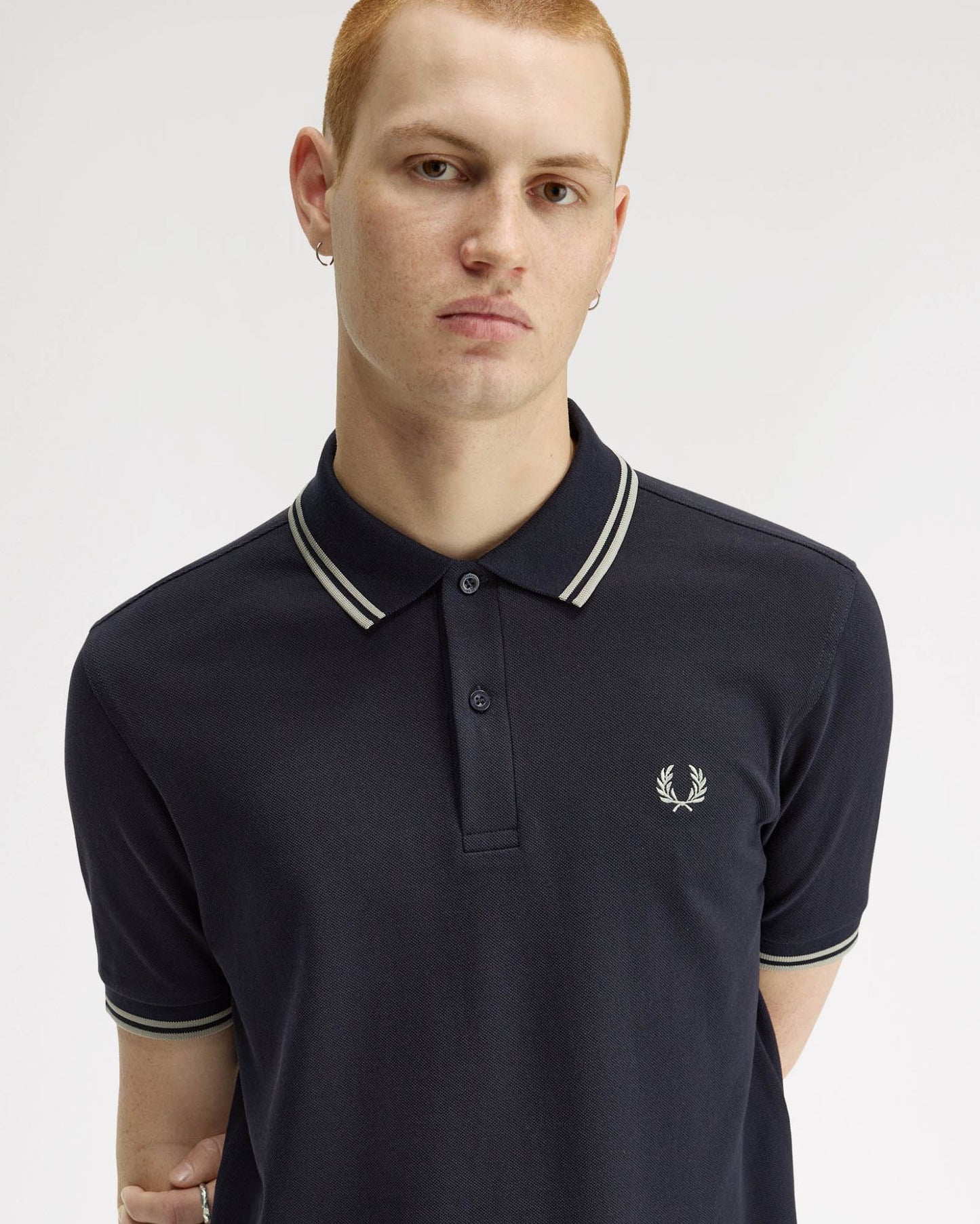 Fred Perry Mens Twin Tipped Signature Polo Shirt - Navy/Seagrass T73 | CHO | Designer Mens Short Sleeve Polo Shirts
