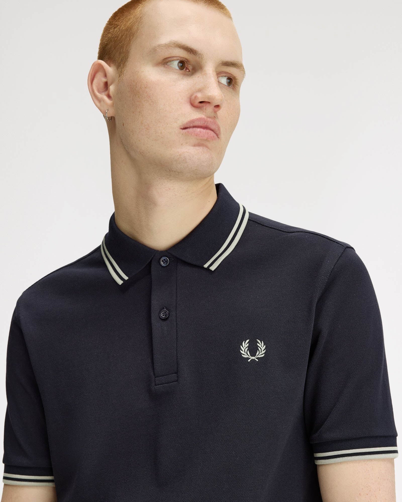 Fred Perry Mens Twin Tipped Signature Polo Shirt - Navy/Seagrass T73 | CHO | Designer Mens Short Sleeve Polo Shirts