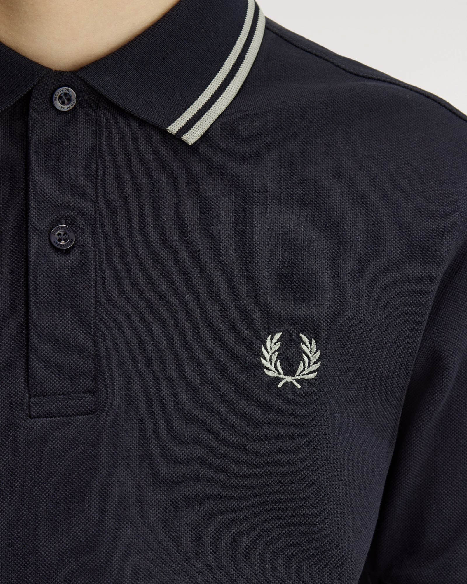 Fred Perry Mens Twin Tipped Signature Polo Shirt - Navy/Seagrass T73 | CHO | Designer Mens Short Sleeve Polo Shirts