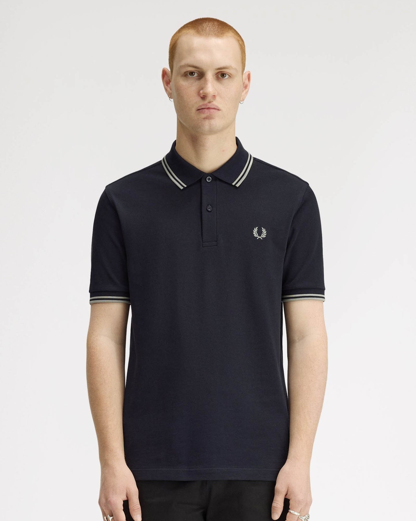 Fred Perry Mens Twin Tipped Signature Polo Shirt - Navy/Seagrass T73 | CHO | Designer Mens Short Sleeve Polo Shirts