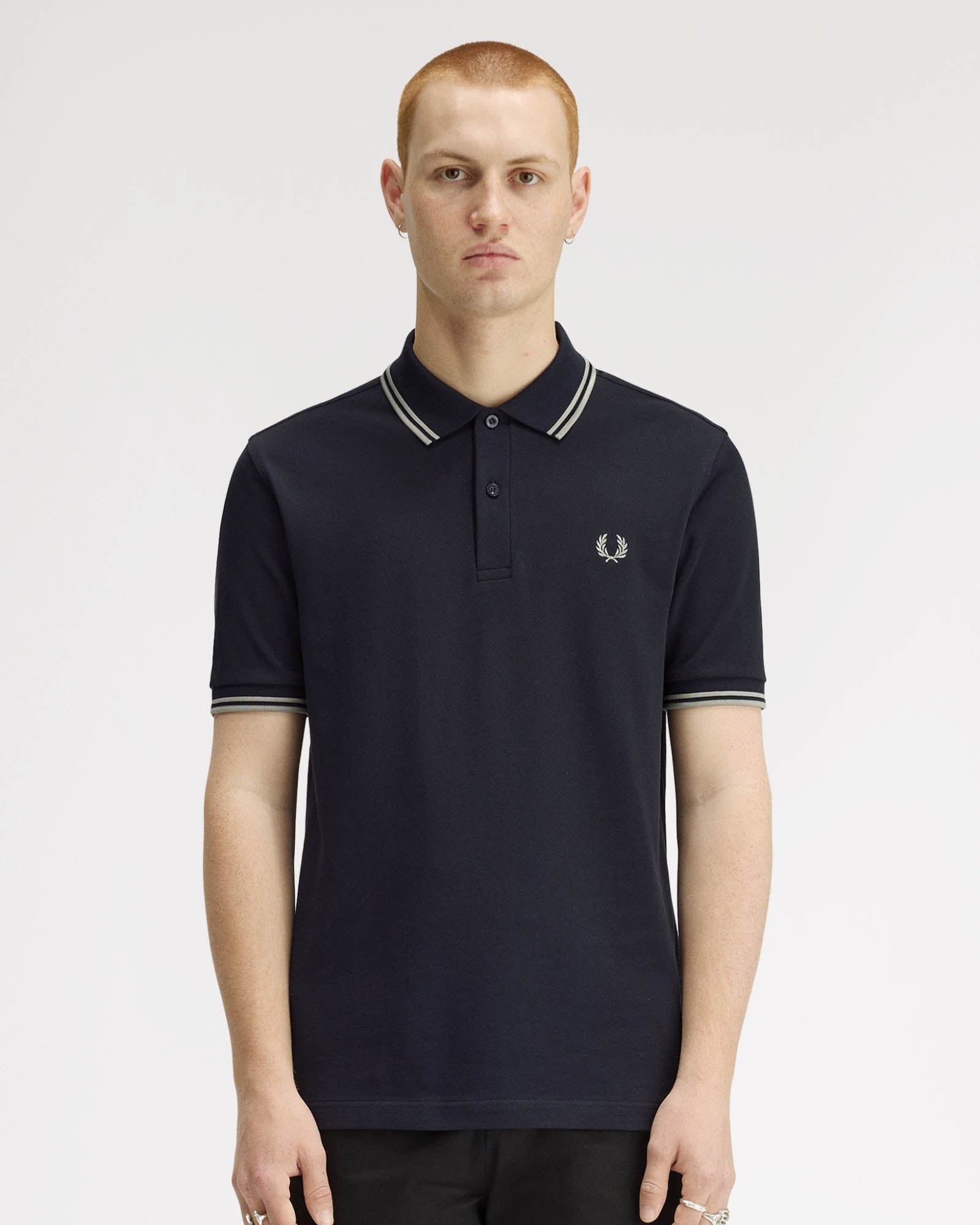 Fred Perry Mens Twin Tipped Signature Polo Shirt - Navy/Seagrass T73 | CHO | Designer Mens Short Sleeve Polo Shirts