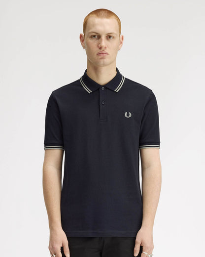 Fred Perry Mens Twin Tipped Signature Polo Shirt - Navy/Seagrass T73 | CHO | Designer Mens Short Sleeve Polo Shirts