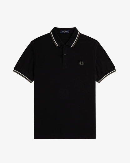 Fred Perry Mens Twin Tipped Signature Polo Shirt - Black/Ecru/Laurel Wreath Green W54