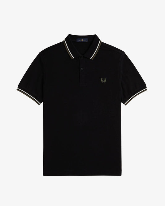 Fred Perry Mens Twin Tipped Signature Polo Shirt - Black/Ecru/Laurel Wreath Green W54
