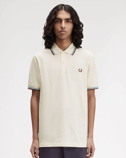 Fred Perry Mens Twin Tipped Signature Polo Shirt - Ecru/Court Blue/Oxblood Z46