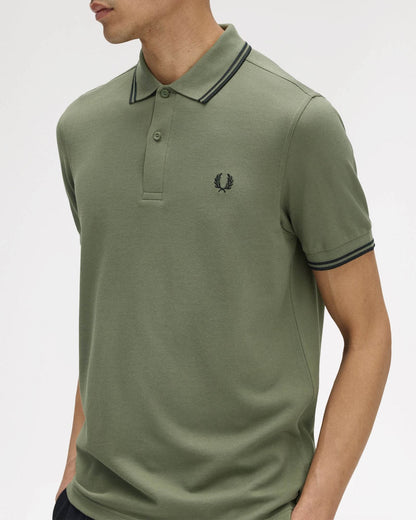 Fred Perry Mens Twin Tipped Signature Polo Shirt - Laurel Wreath Green/Black/Black Z50