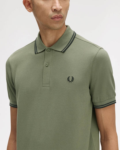 Fred Perry Mens Twin Tipped Signature Polo Shirt - Laurel Wreath Green/Black/Black Z50