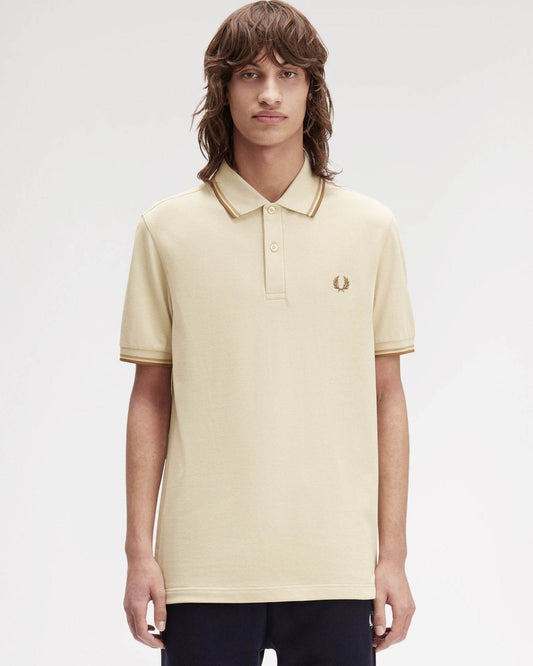 Fred Perry Mens Twin Tipped Signature Polo Shirt - Oatmeal/Warm Stone/Shaded Stone Z53