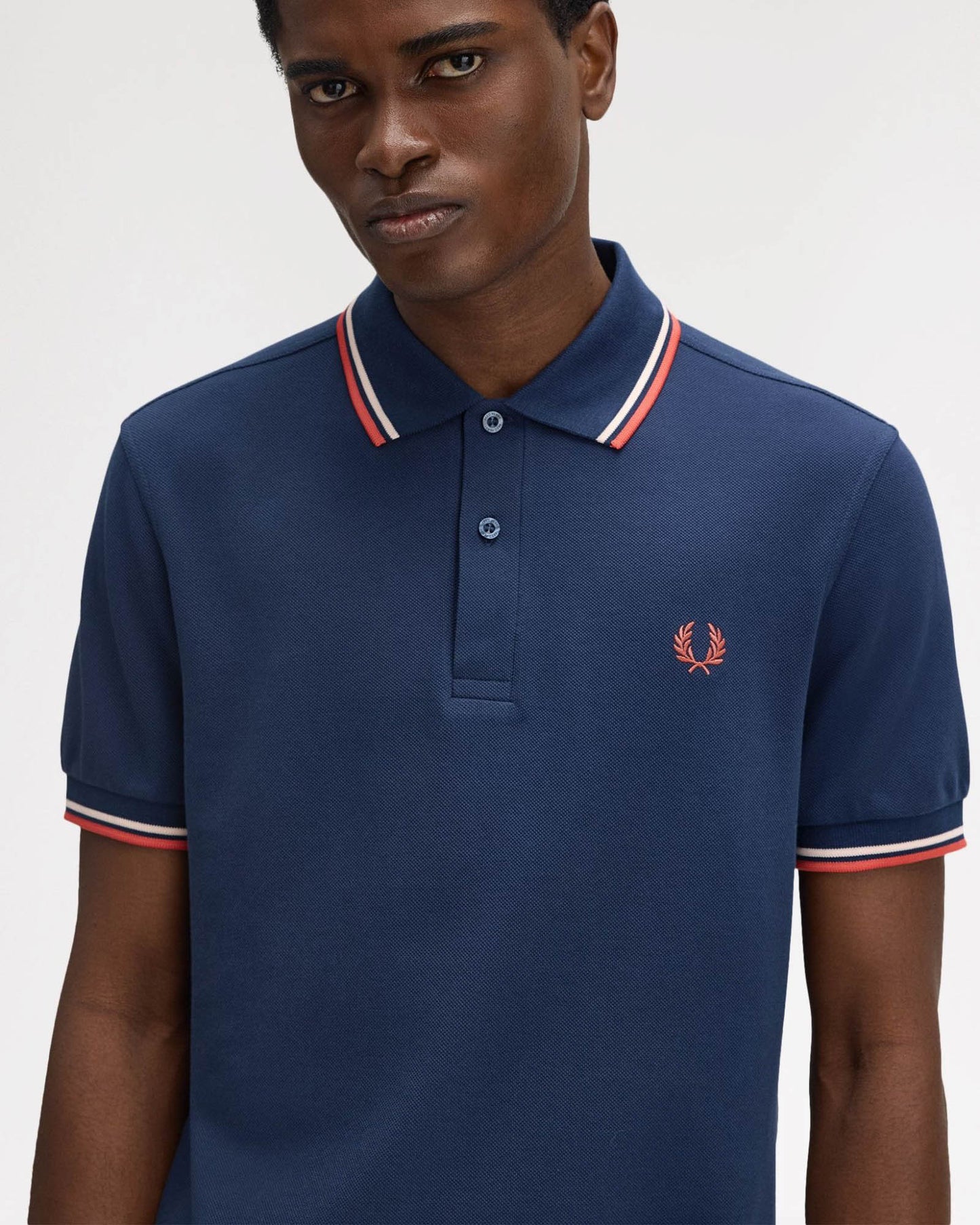 Fred Perry Mens Twin Tipped Signature Polo Shirt - Tennis Blue/Silky Peach/Flamingo Tan Z57