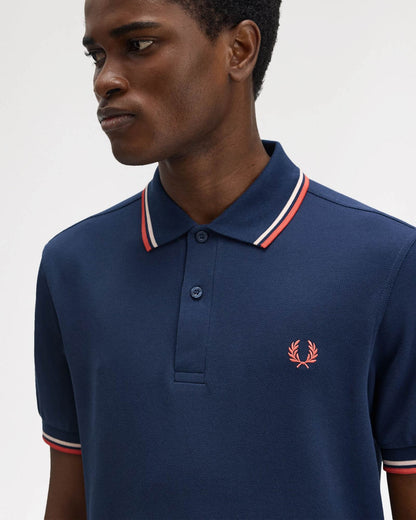 Fred Perry Mens Twin Tipped Signature Polo Shirt - Tennis Blue/Silky Peach/Flamingo Tan Z57