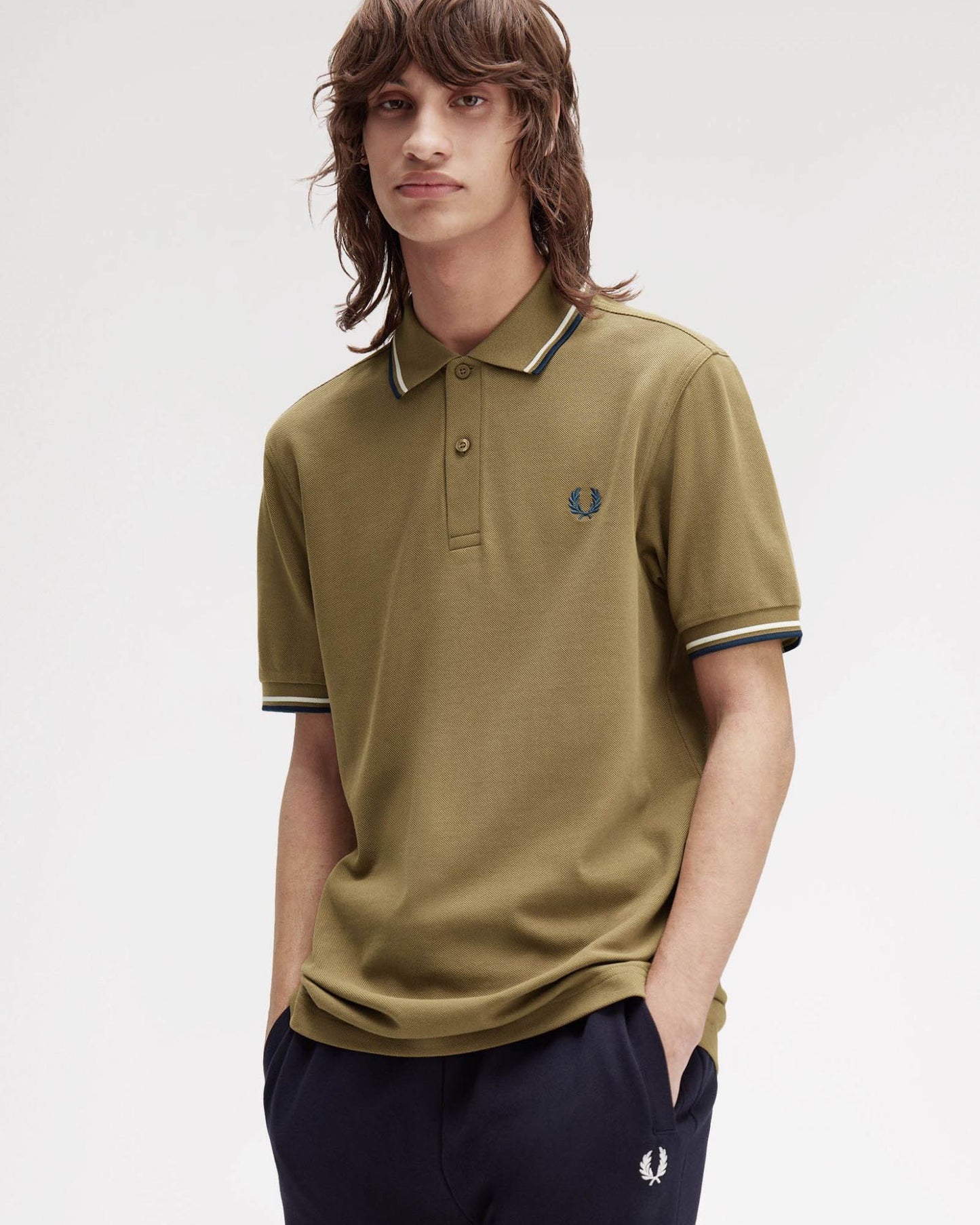Fred Perry Mens Twin Tipped Signature Polo Shirt - Shaded Stone/Ecru/Dark Petrol Z60