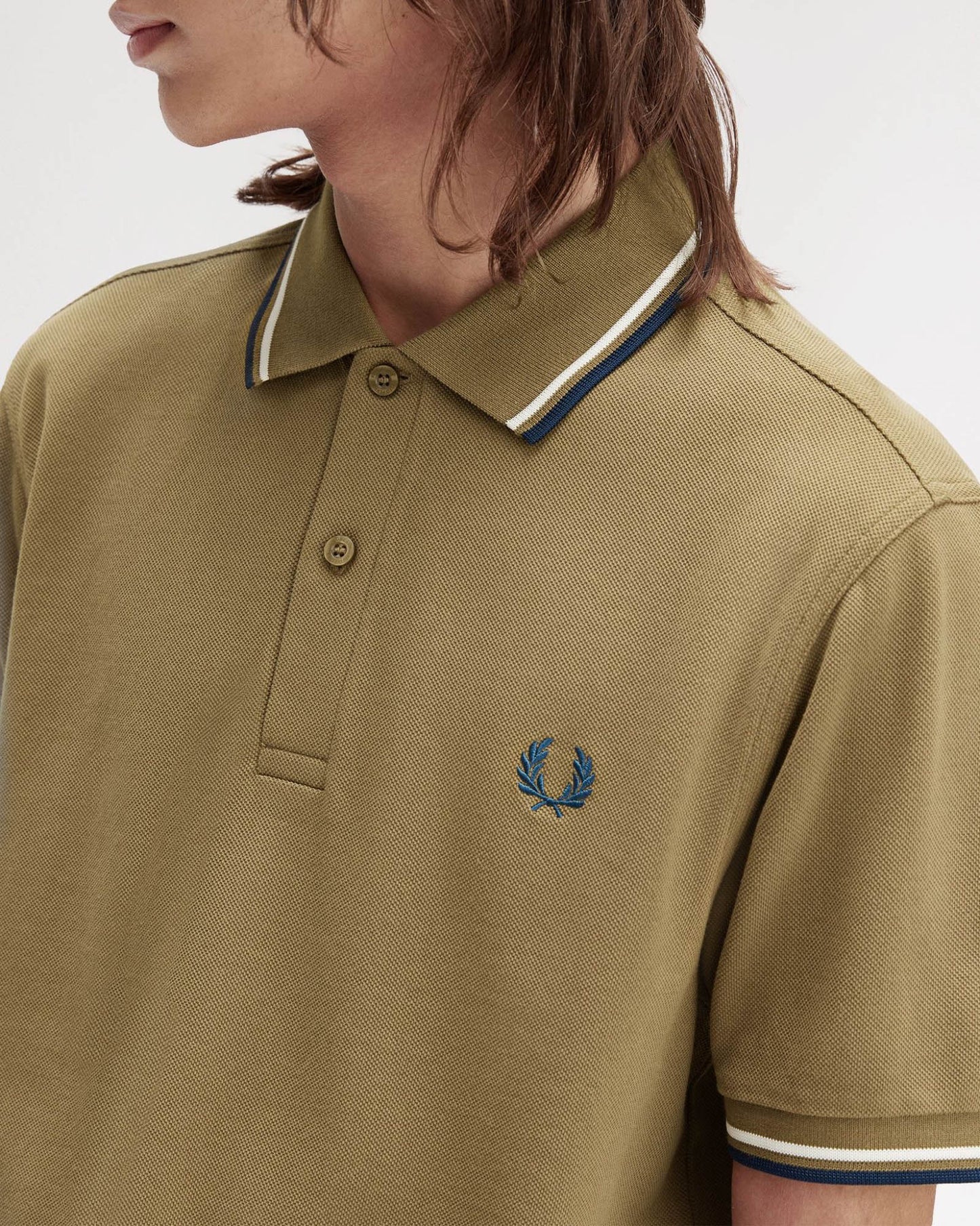 Fred Perry Mens Twin Tipped Signature Polo Shirt - Shaded Stone/Ecru/Dark Petrol Z60