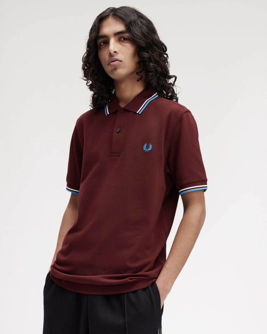 Fred Perry Mens Twin Tipped Signature Polo Shirt - Oxblood/Ecru/Court Blue Z63
