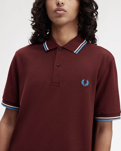 Fred Perry Mens Twin Tipped Signature Polo Shirt - Oxblood/Ecru/Court Blue Z63