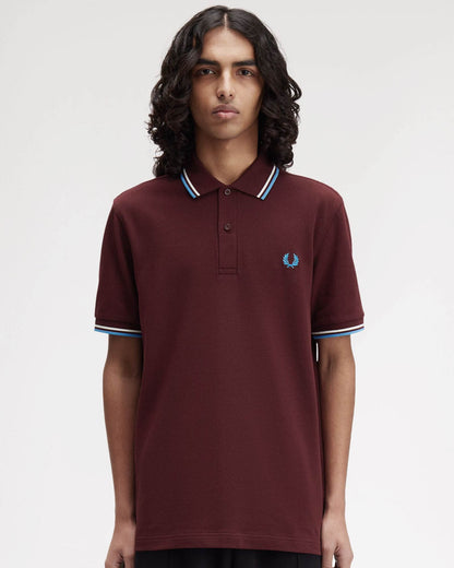 Fred Perry Mens Twin Tipped Signature Polo Shirt - Oxblood/Ecru/Court Blue Z63