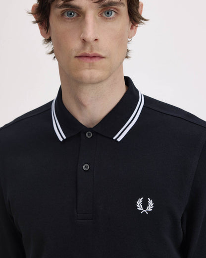 Fred Perry Mens Long Sleeve Twin Tipped Polo Shirt - Black 350 front detail