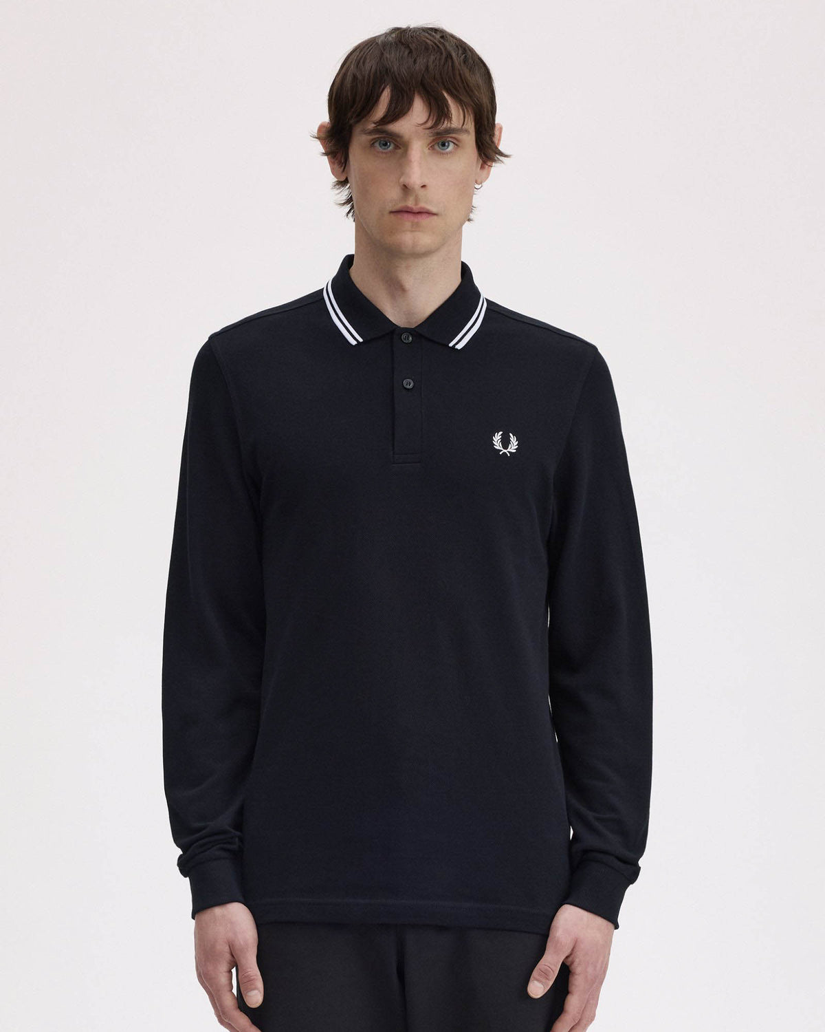 Fred Perry Mens Long Sleeve Twin Tipped Polo Shirt - Black 350 front