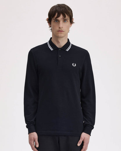 Fred Perry Mens Long Sleeve Twin Tipped Polo Shirt - Black 350 front