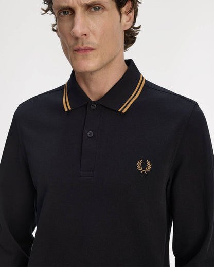 Fred Perry Mens Long Sleeve Twin Tipped Polo Shirt - Black/Shaded Stone S77